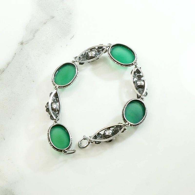 Glowing Green Chrysoprase & Silver Roses Bracelet