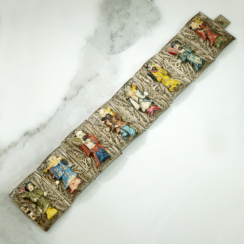 Incredible Chinese Figural Filigreed Panel Bracelet