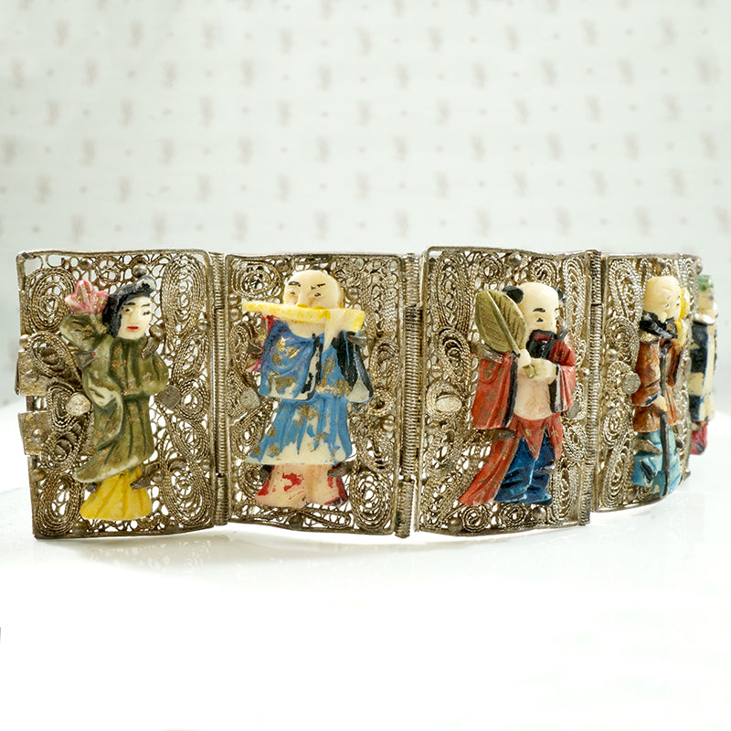 Incredible Chinese Figural Filigreed Panel Bracelet