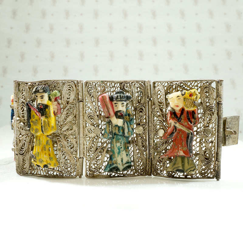 Incredible Chinese Figural Filigreed Panel Bracelet