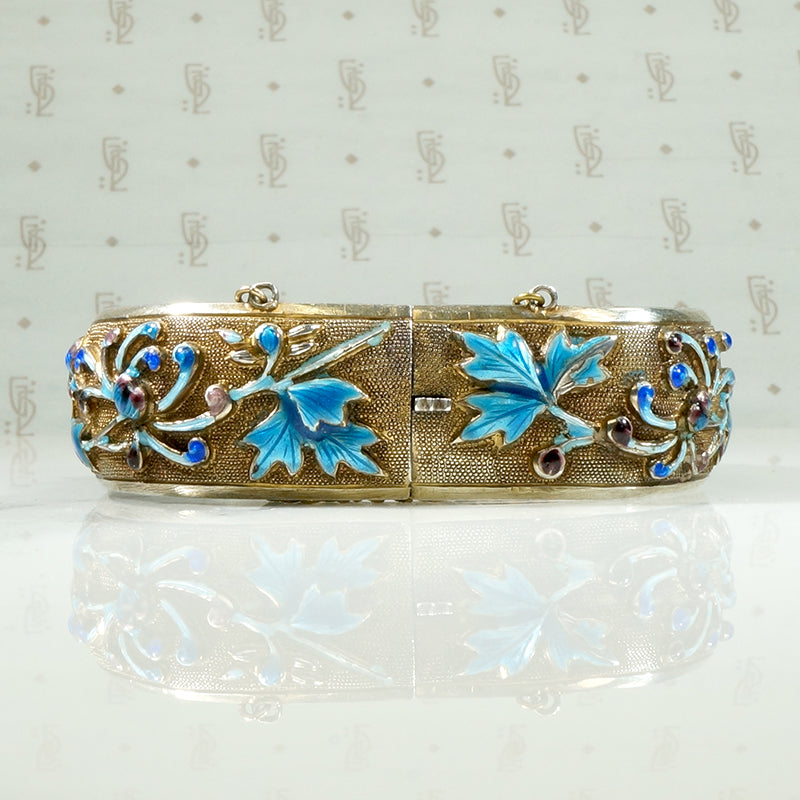 Enameled Chrysanthemum Chinese Silver Bracelet