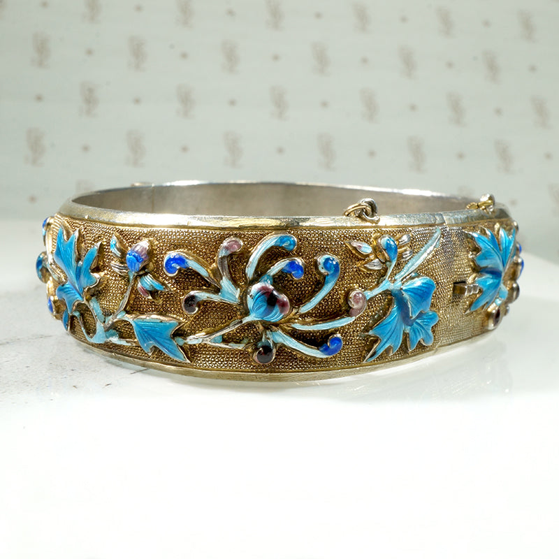 Enameled Chrysanthemum Chinese Silver Bracelet