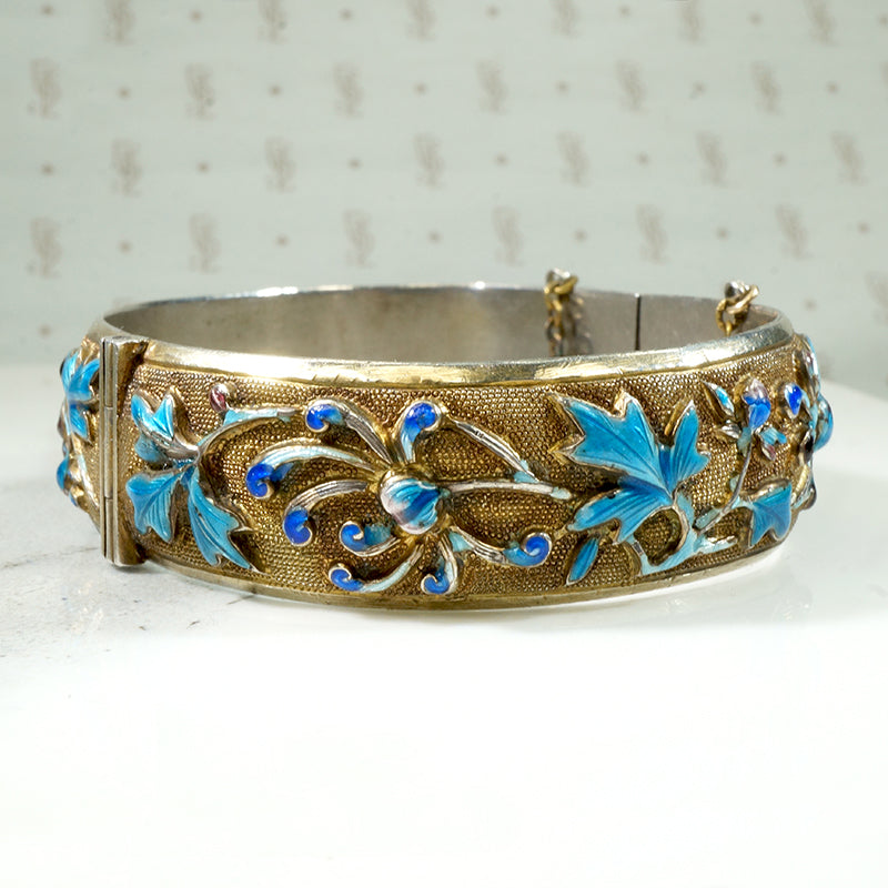Enameled Chrysanthemum Chinese Silver Bracelet