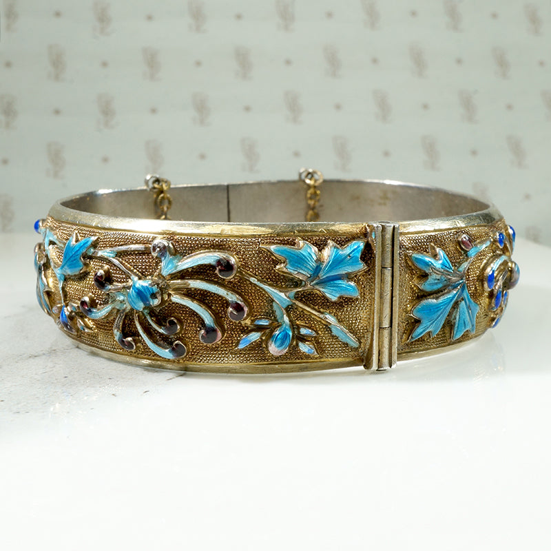 Enameled Chrysanthemum Chinese Silver Bracelet