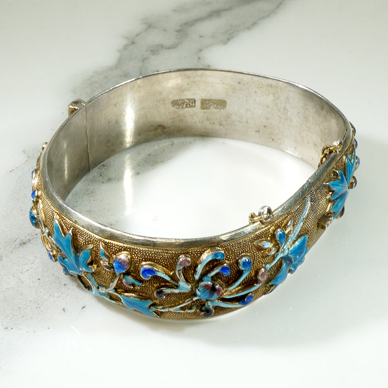 Enameled Chrysanthemum Chinese Silver Bracelet