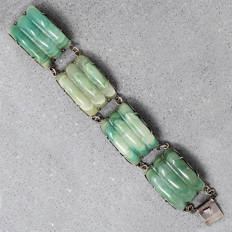 Glossy Mexican Greenstone In Gorgeous Silver Bracelet
