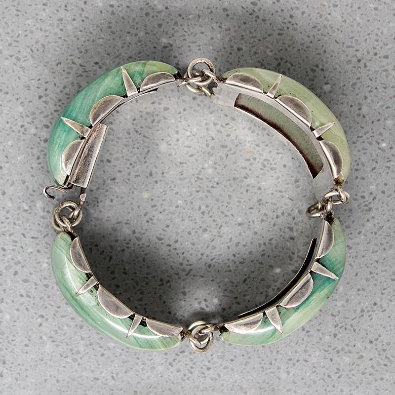 Glossy Mexican Greenstone In Gorgeous Silver Bracelet