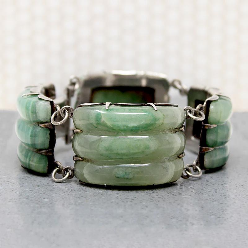 Glossy Mexican Greenstone In Gorgeous Silver Bracelet