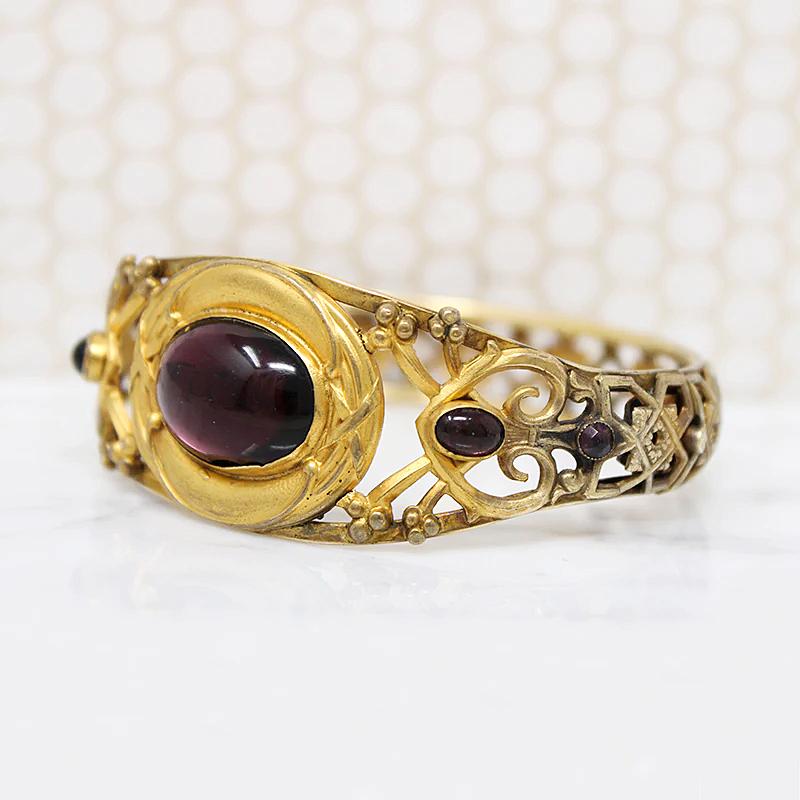 Elaborate Edwardian Bracelet with Purple Glass Cabochons