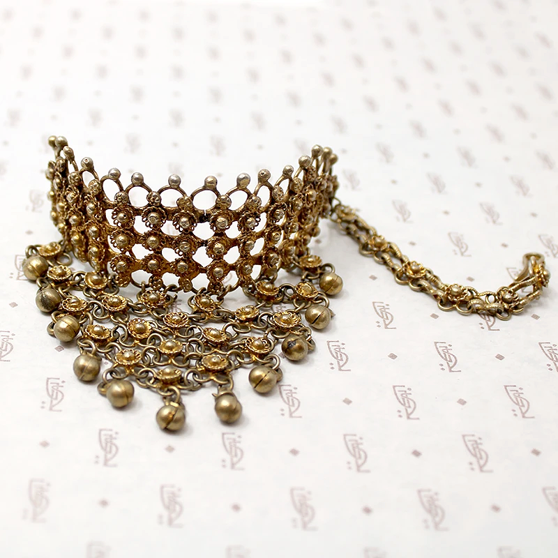 Floral Gilt Filigree Indian Bracelet with Bells