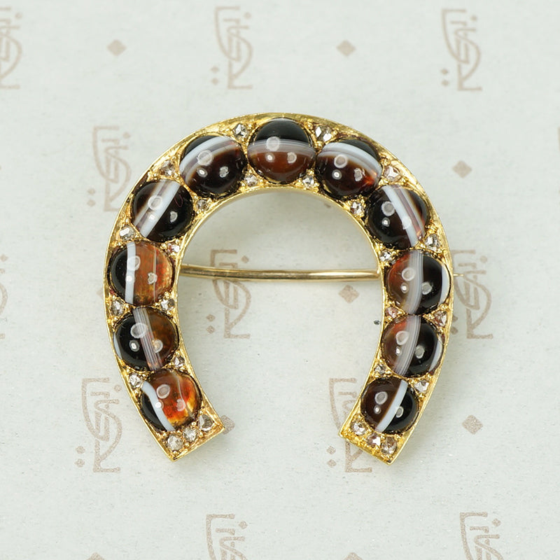 Gold Horseshoe Banded Agates and Rose Cut Diamonds