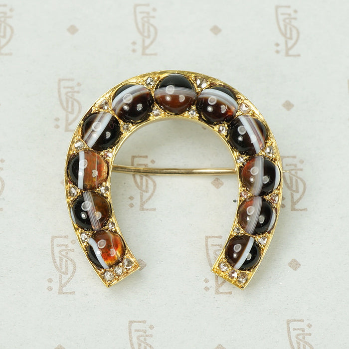 Gold Horseshoe Banded Agates and Rose Cut Diamonds