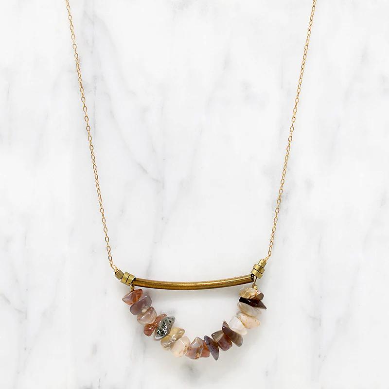 Pink & Gray Agate Necklace with Brass Details by Brin