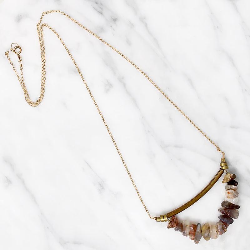 Pink & Gray Agate Necklace with Brass Details by Brin
