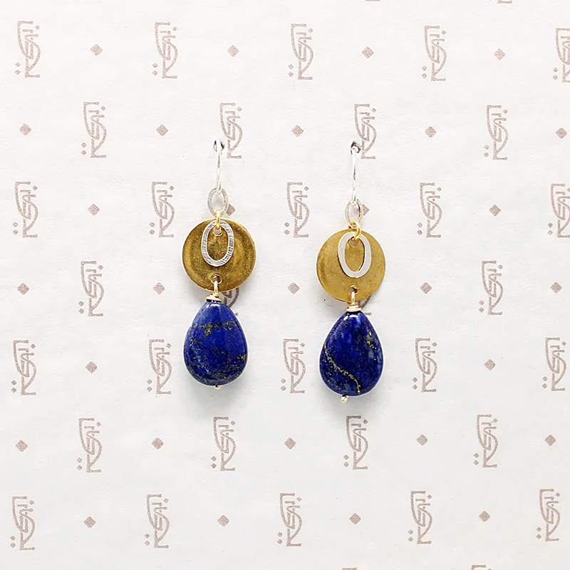 Brass & Sterling with Lapis Drop Earrings by Bri