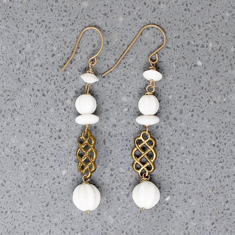 White Glass Beads & Woven Brass Earrings by Brin