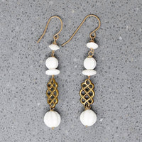 White Glass Beads & Woven Brass Earrings by Brin