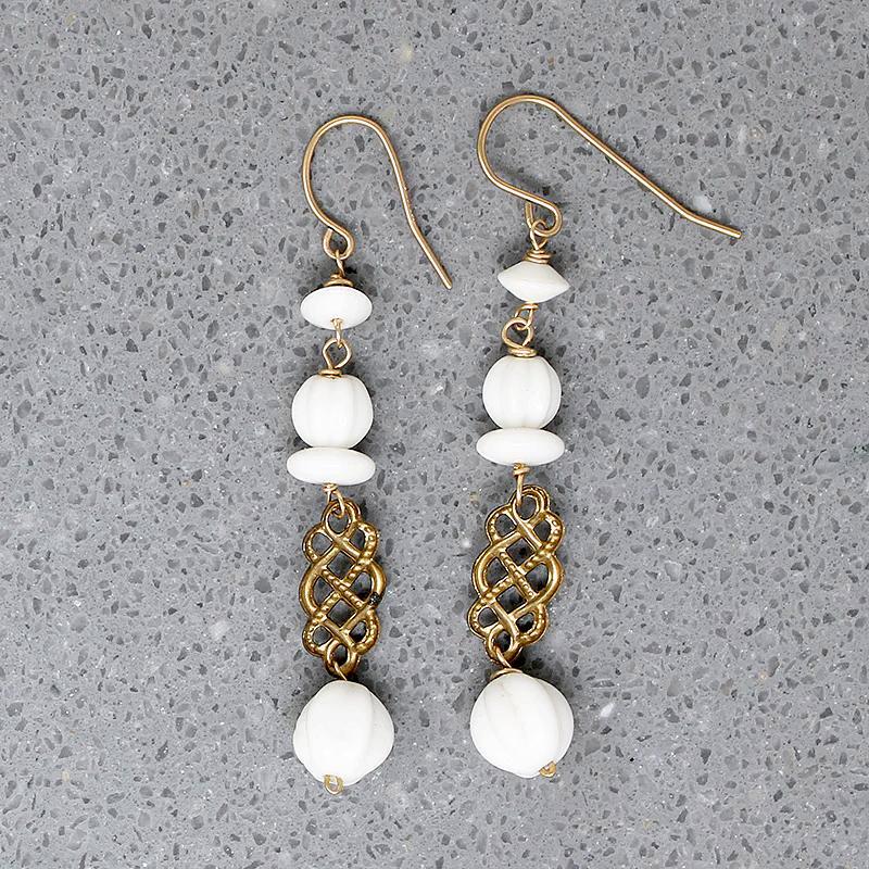 White Glass Beads & Woven Brass Earrings by Brin