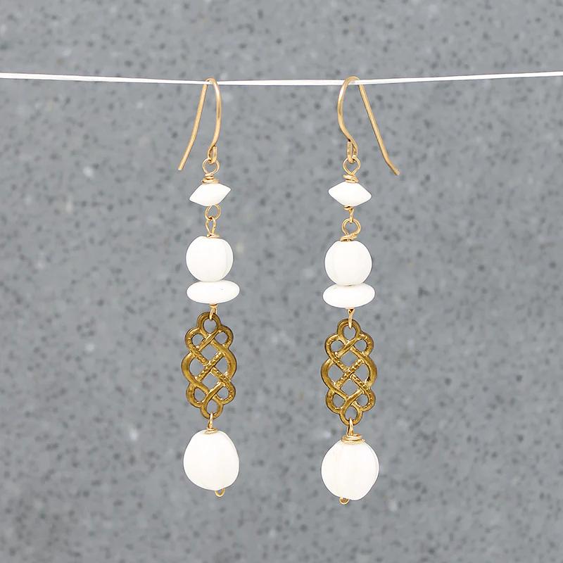 White Glass Beads & Woven Brass Earrings by Brin
