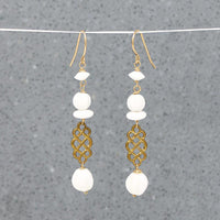 White Glass Beads & Woven Brass Earrings by Brin