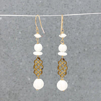 White Glass Beads & Woven Brass Earrings by Brin