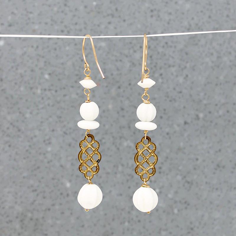 White Glass Beads & Woven Brass Earrings by Brin