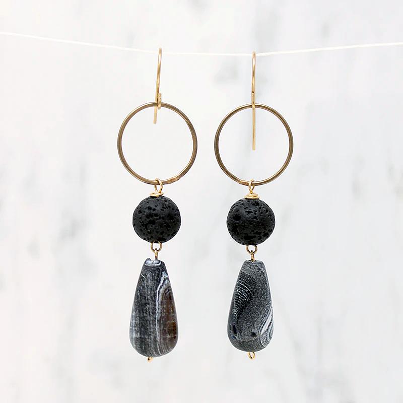 Dramatic Agate & Lava Rock Earrings by Brin