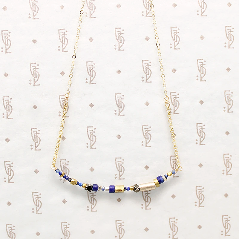 Vivid Blue Lapis & Brass Bead Arc Necklace by Brin