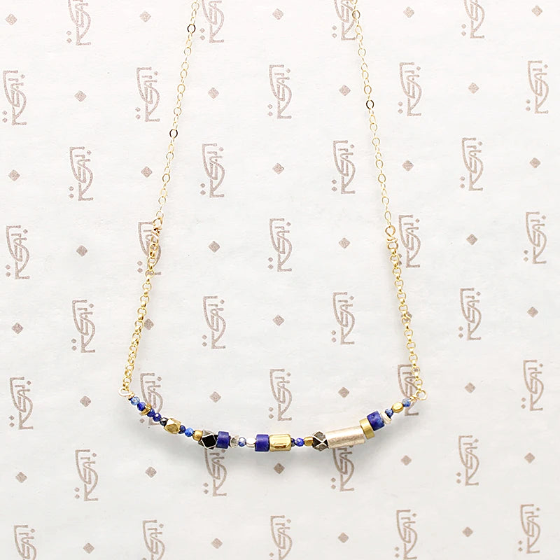 Vivid Blue Lapis & Brass Bead Arc Necklace by Brin