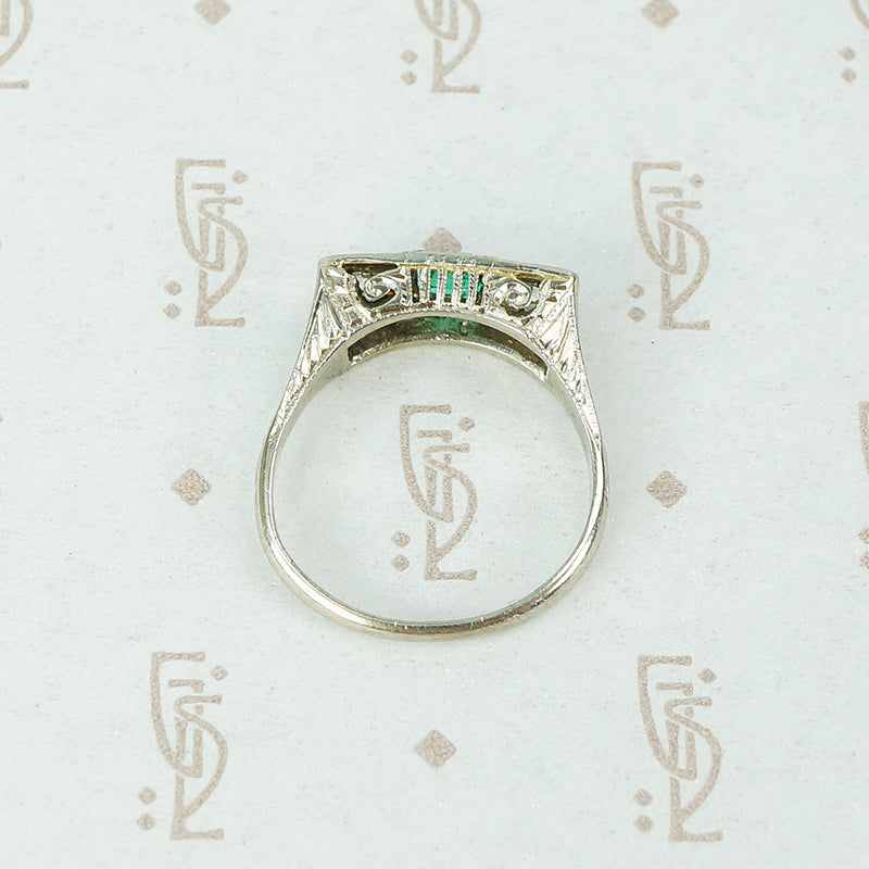 belias white gold filigree 3 stone ring emerald and diamond top view
