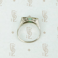 belias white gold filigree 3 stone ring emerald and diamond top view
