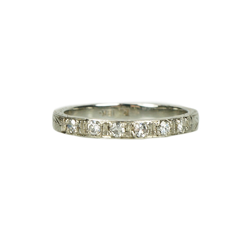 1920's Belias White Gold Engraved Diamond Band - Gem Set Love