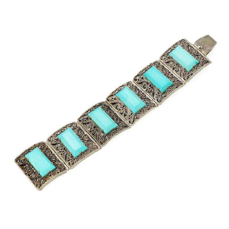 Antique Filigreed Silver Bracelet with Black Enamel Set with Turquoise