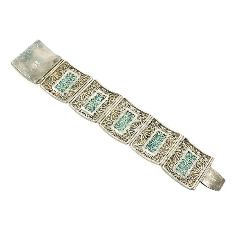 Antique Filigreed Silver Bracelet with Black Enamel Set with Turquoise