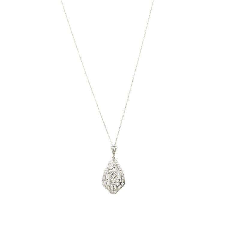 Deco Intricately Beautiful White Gold Filigree Pendant