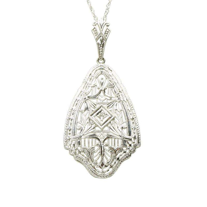Deco Intricately Beautiful White Gold Filigree Pendant