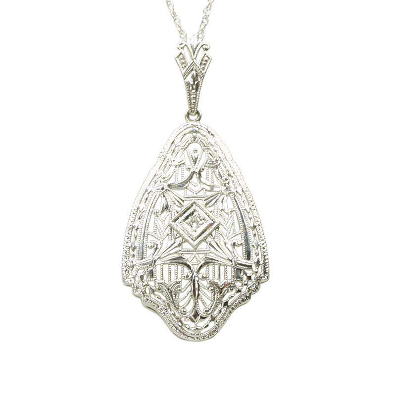 Deco Intricately Beautiful White Gold Filigree Pendant