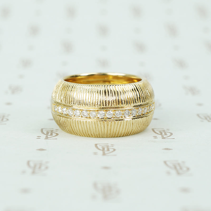 Heavy ultra mod grooved diamond set band 14k yellow gold