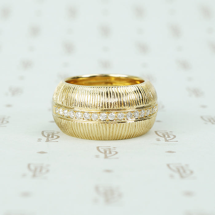 Heavy ultra mod grooved diamond set band 14k yellow gold