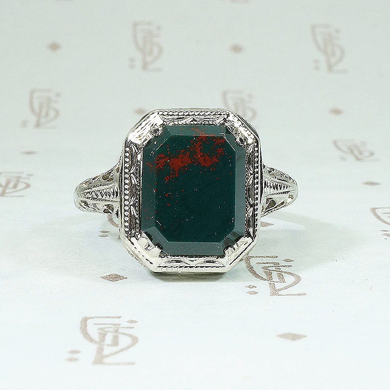Beveled Bloodstone Art Deco Filigree Ring