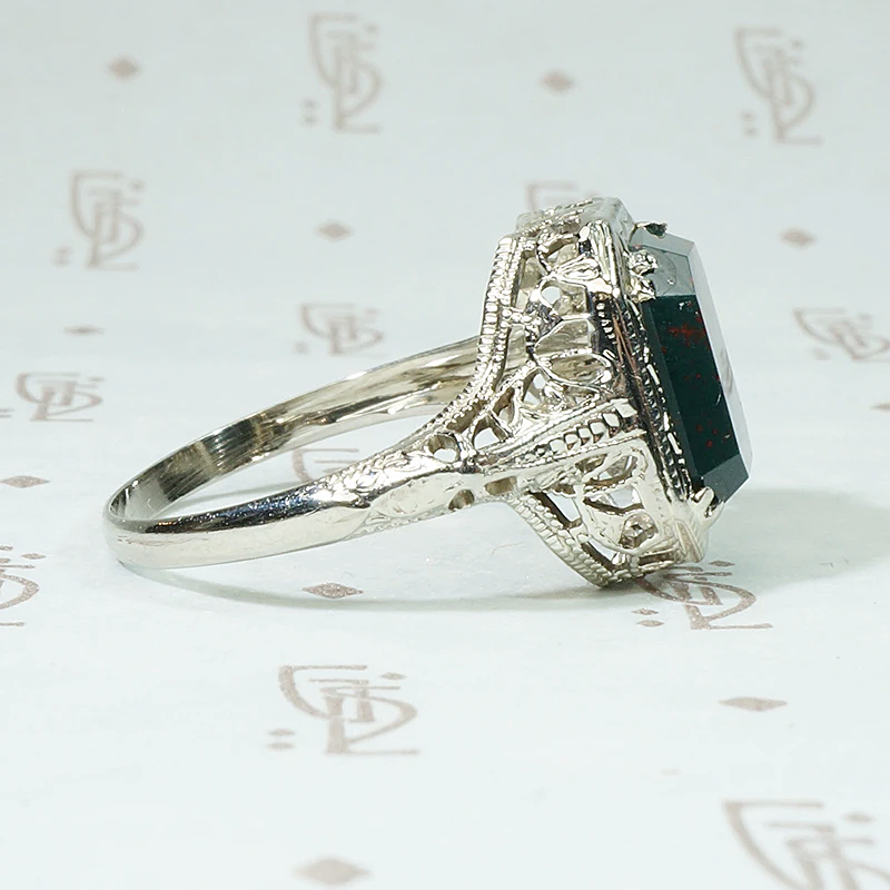 Beveled Bloodstone Art Deco Filigree Ring