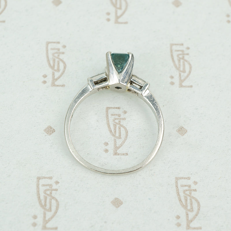 emerald cut aquamarine with baguette diamond sides in platinum top view