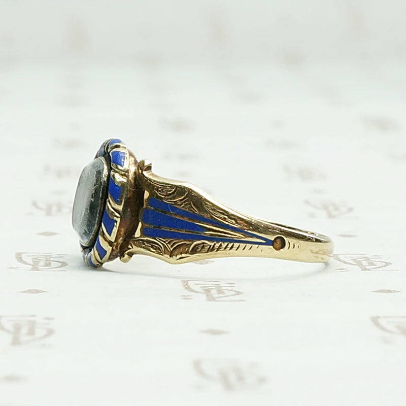 Georgian royal blue enamel and gold mourning ring. Left view.