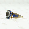 Georgian royal blue enamel and gold mourning ring. View of scuffed crystal.