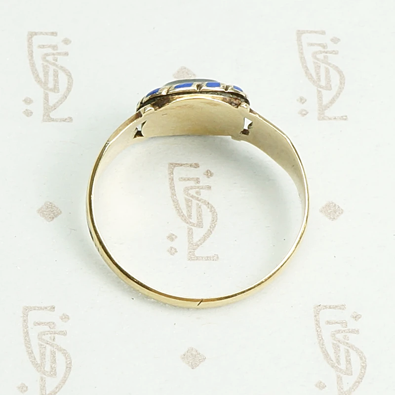 Georgian royal blue enamel and gold mourning ring. Top view.