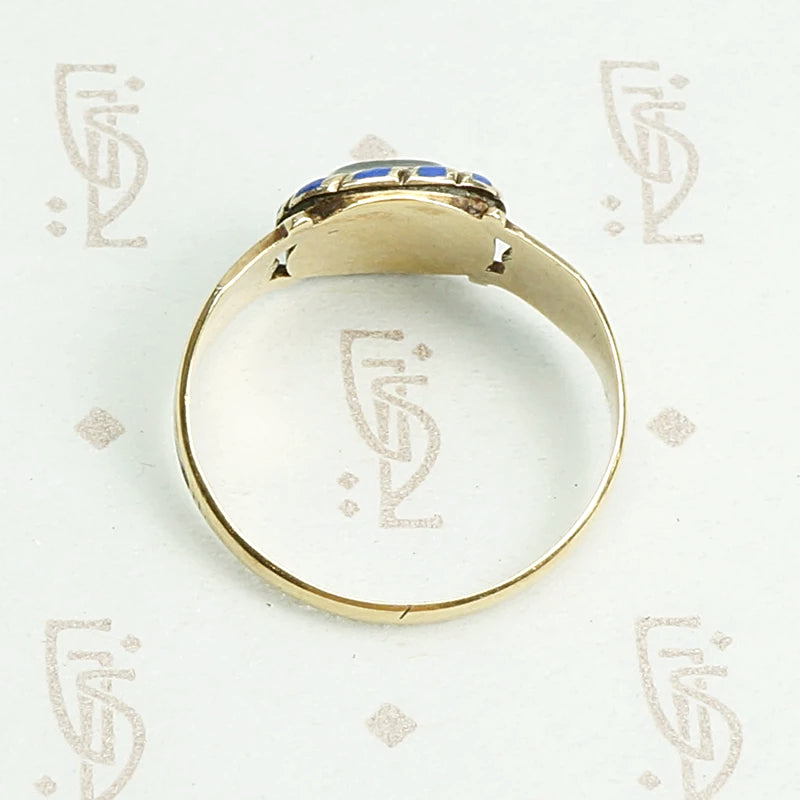 Georgian royal blue enamel and gold mourning ring. Top view.