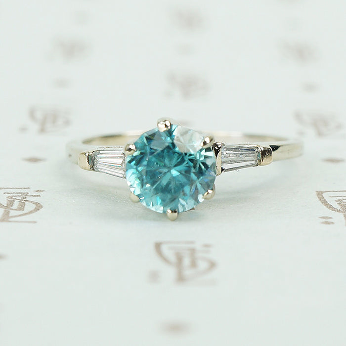 14k white gold natural blue zircon and baguette diamond engagement ring