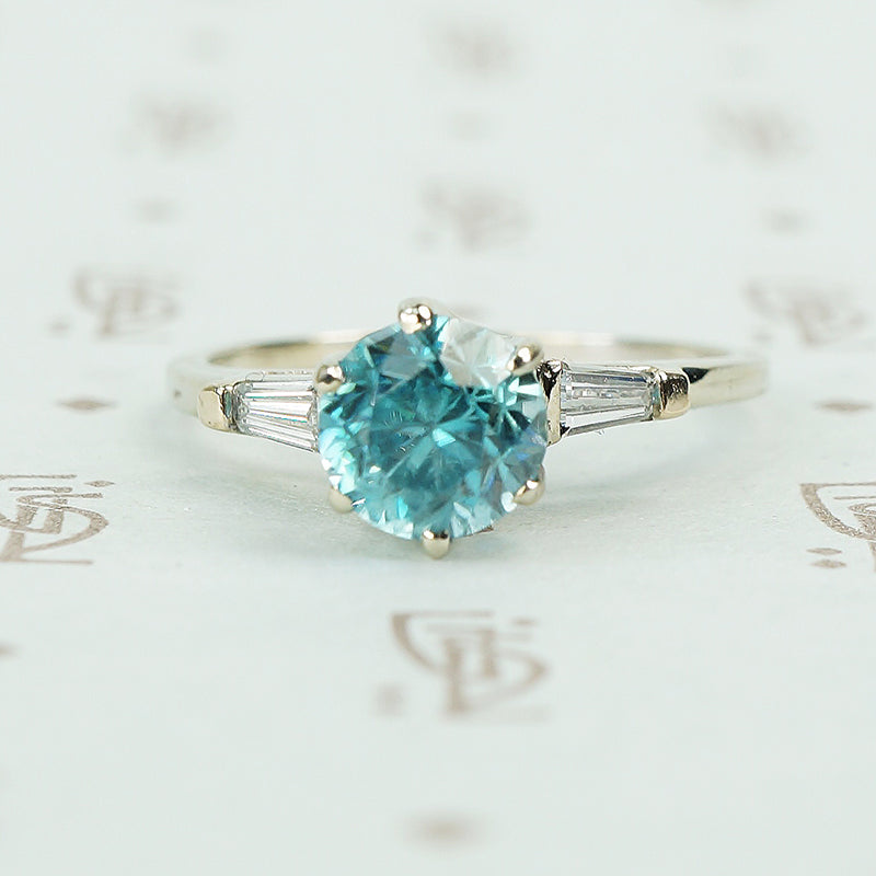14k white gold natural blue zircon and baguette diamond engagement ring