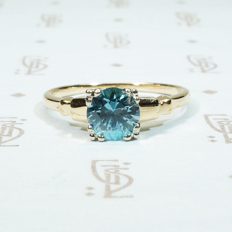 1 carat natural blue zircon 2 tone 14k 1940's engagement ring