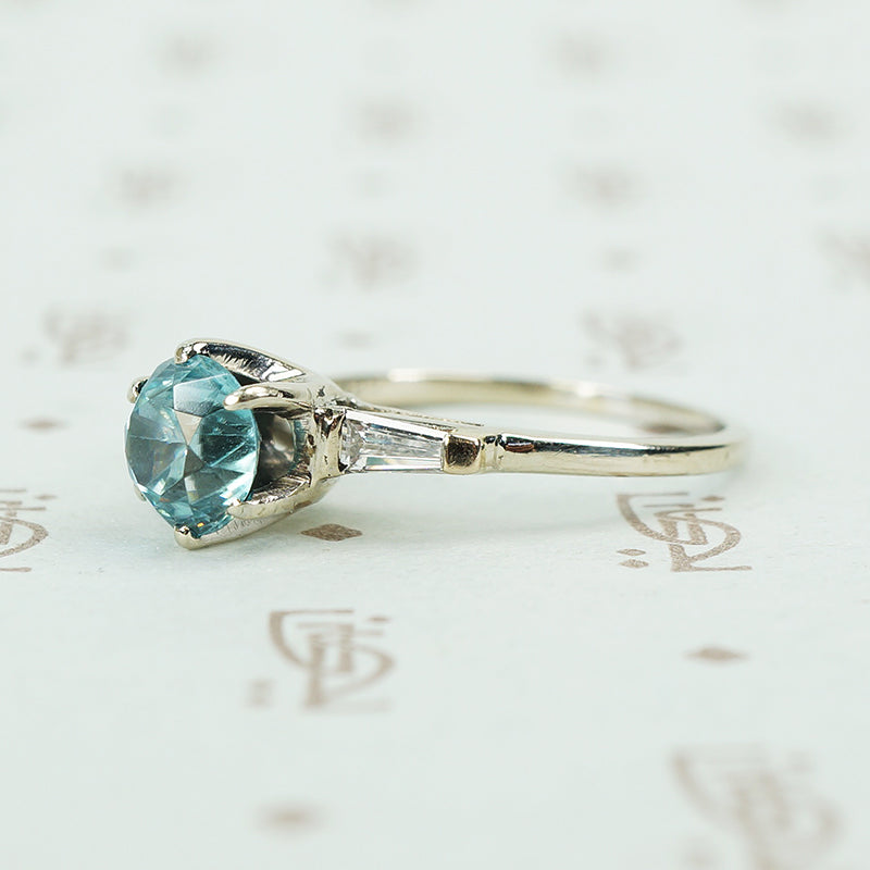 14k white gold natural blue zircon and baguette diamond engagement ring side details
